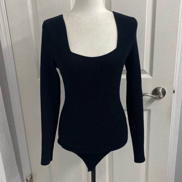 Abercrombie & Fitch Black Ribbed Bodysuit Long Sleeve’s Square Neck Sz S - Picture 2 of 13